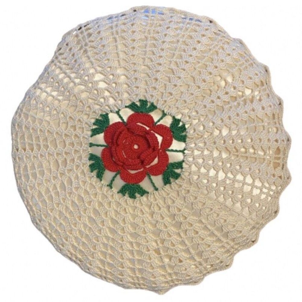 Vintage Handmade Irish Rose Crochet Rose Pillow Round 13” Cream Satin Insert 3D